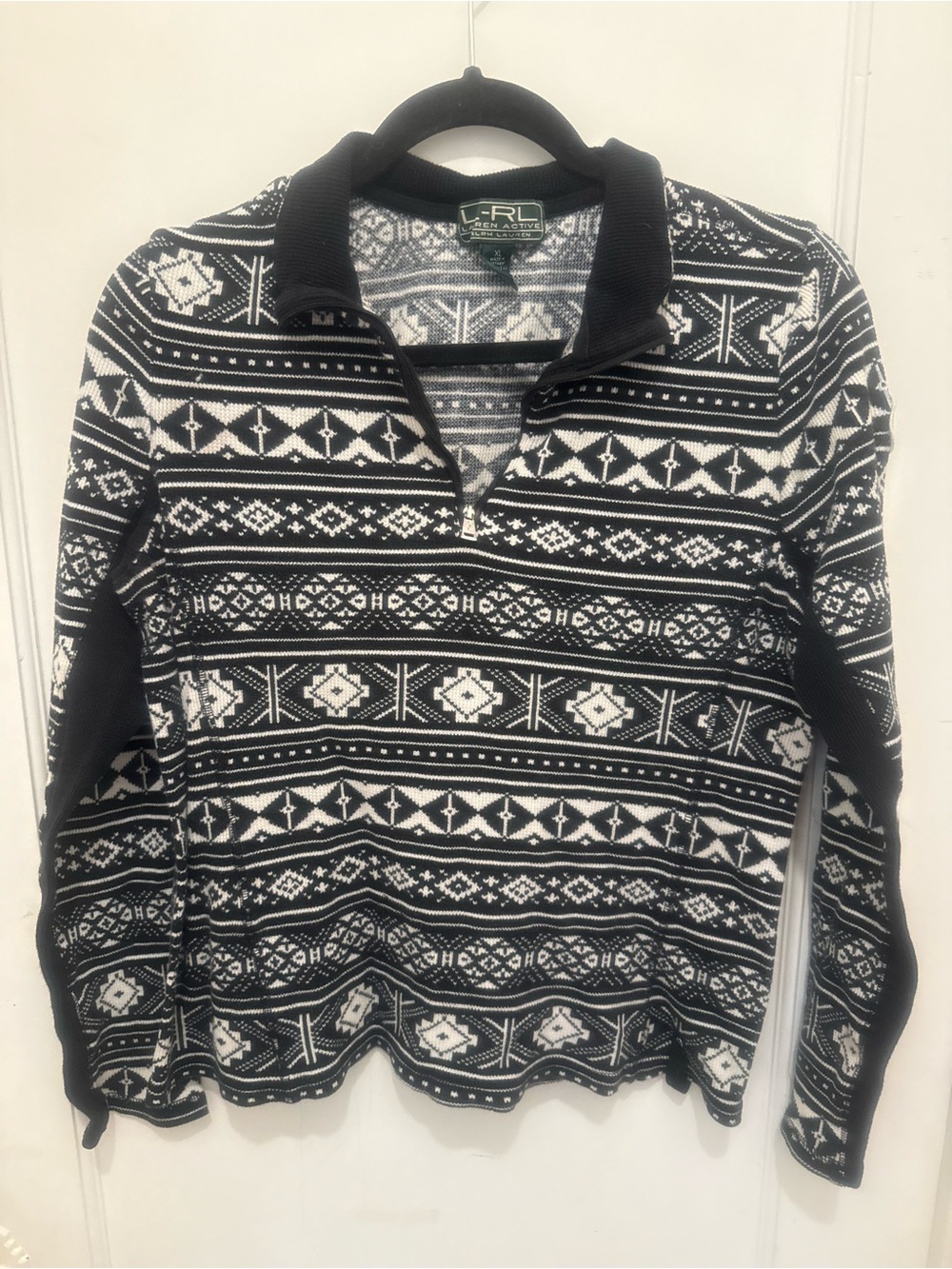 RLX Ralph Lauren Black & White Fair Isle Zip Polo Sweater